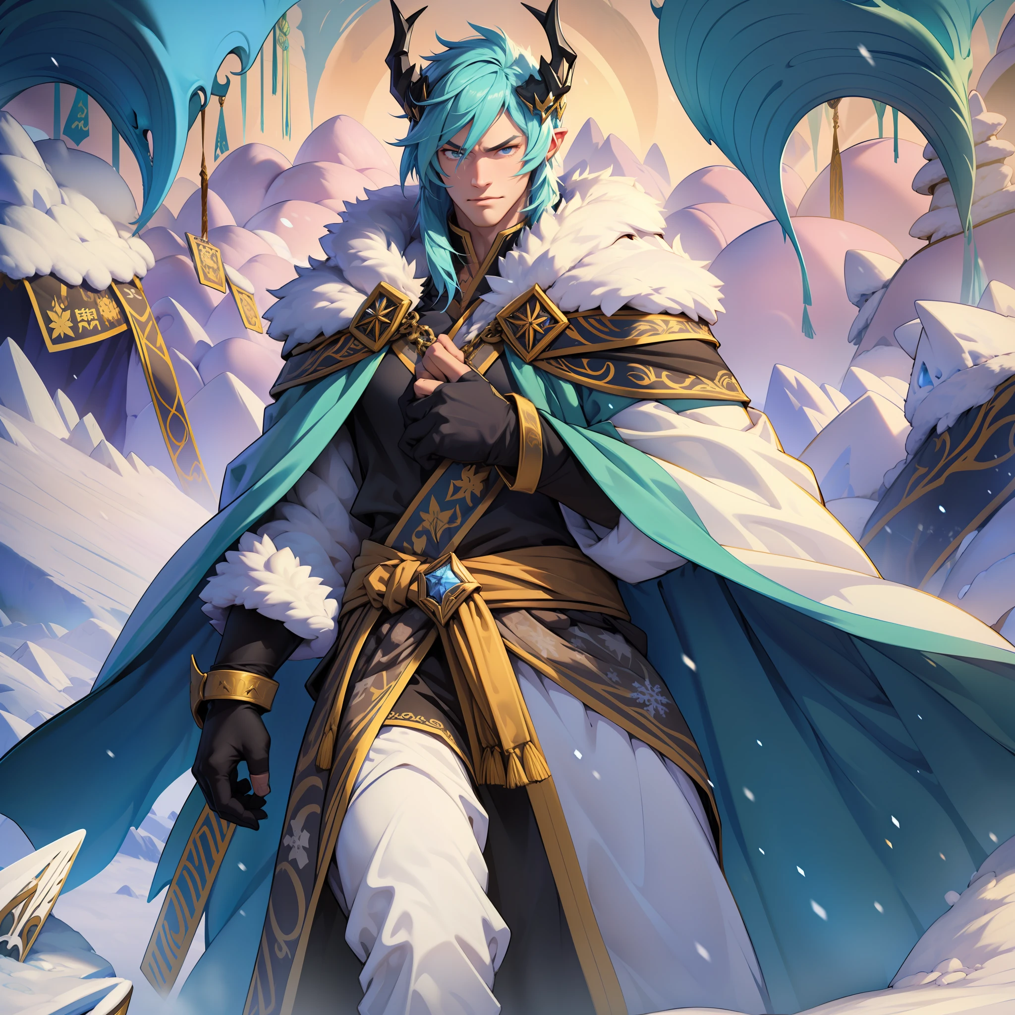 Ice World、One guy：The Frost King walks in the snow，Snowflakes fell on him，Blade accessories，Black silk robe，Plush cape，snow mountains，Mature and handsome，Slightly muscular，Cinematic lighting，illusory engine，tmasterpiece。超高分辨率，3Drenderingof，8K，