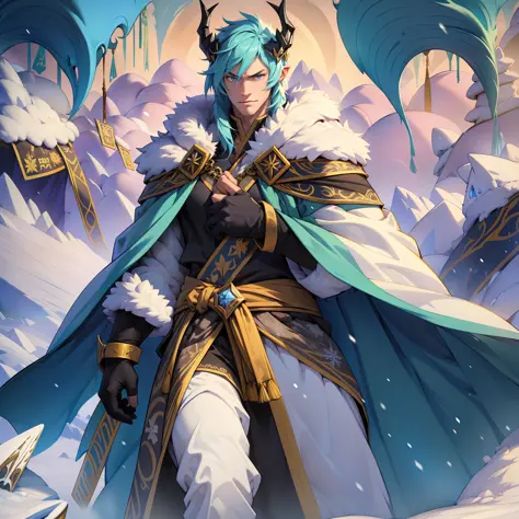 ice world、one guy：the frost king walks in the snow，snowflakes fell on him，blade accessories，black silk robe，plush cape，snow moun...