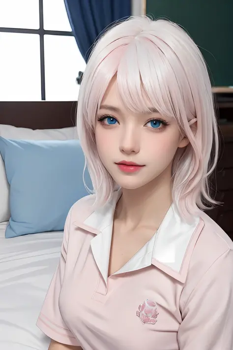 (masterpiece), (high quality), (8k resolution), (RAW photo), (best quality), (masterpiece:1.5), (realistic:1.5), ((photo realistic)), vibrant details, hyper realistic,1girl, (cute:1.2), beautiful, high-quality and detailed face, perfect face, (white hair And light pink hair:1.4), rosy cheeks, detailed eyes, (blue eyes),colorful eyes,(watery eyes),nsfw,, slender body, looking at viewer, closed mouth, real human skin, shiny skin, mid breasts, ((school uniform)), sitting, bed,