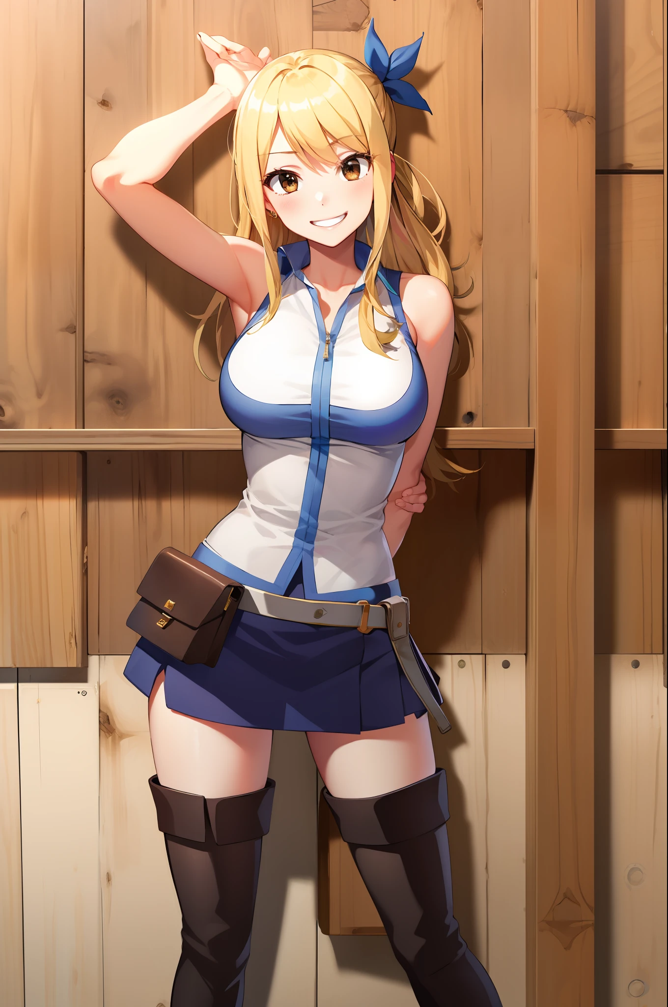 (masterpiece, best quality:1.2), solo, 1girl, lucy heartfilia, grin, looking at viewer, arms behind back, blue sleeveless shirt, miniskirt, belt pouch, thigh boots