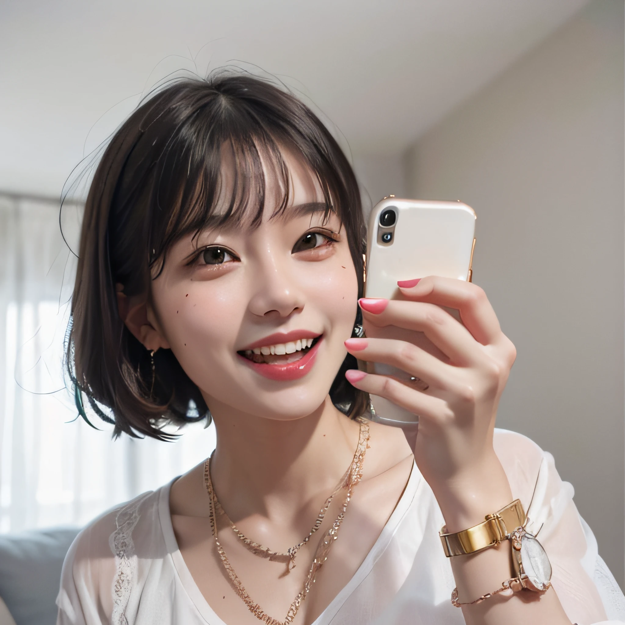 Smiling woman holds up her phone，smiling at camera, she is holding a smartphone, selfie of a young woman, 8k selfie photograph, bottom angles, smartphone photo, she expressing joy, Make the iPhone 1 3 Pro Max shoot