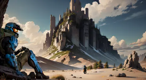 Uma paisagem deslumbrante de Halo Reach com um espartano de (((armadura azul))) no topo de uma colina, florestas verdes exuberan...