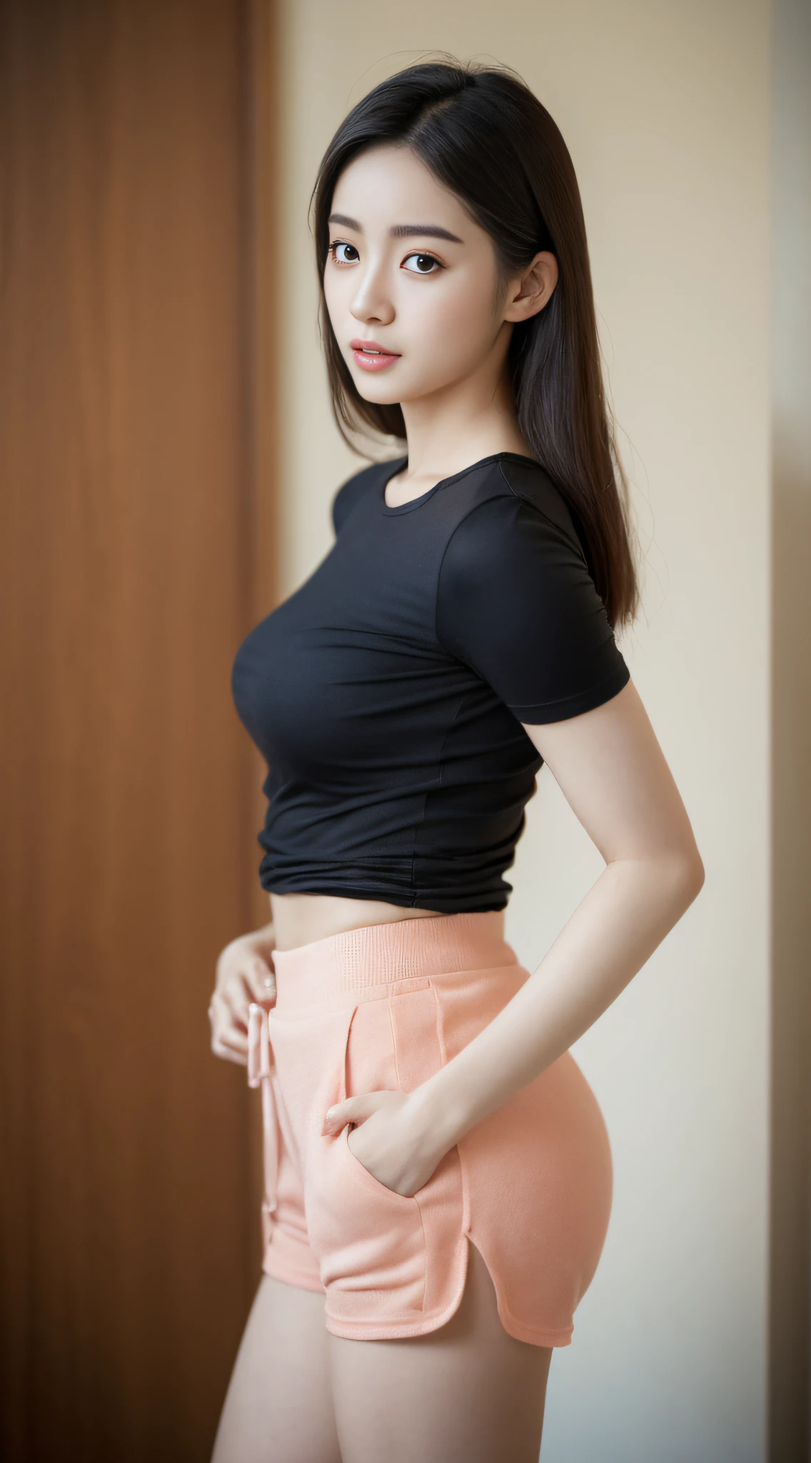 A woman in a black top and pink shorts posing for a picture - SeaArt AI