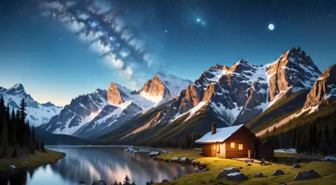 masterpiece, best quality, ultra-detailed, illustration, outdoors, night, mountains, one wooden cabin, nature, stars, moon, moun...