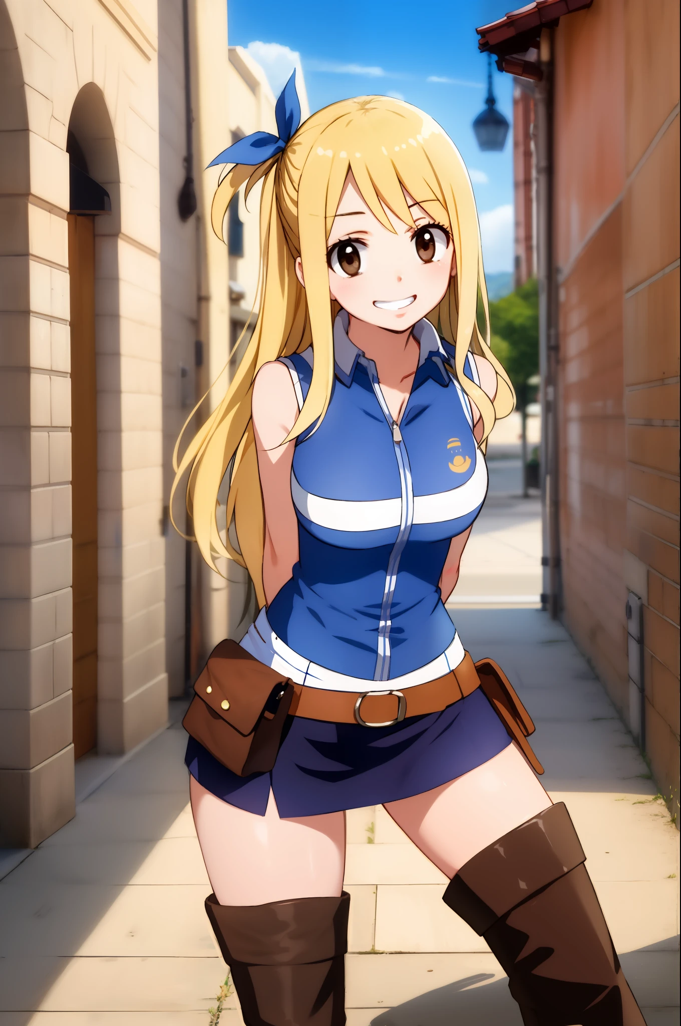 (masterpiece, best quality:1.2), solo, 1girl, lucy heartfilia, grin, looking at viewer, arms behind back, blue sleeveless shirt, miniskirt, belt pouch, thigh boots