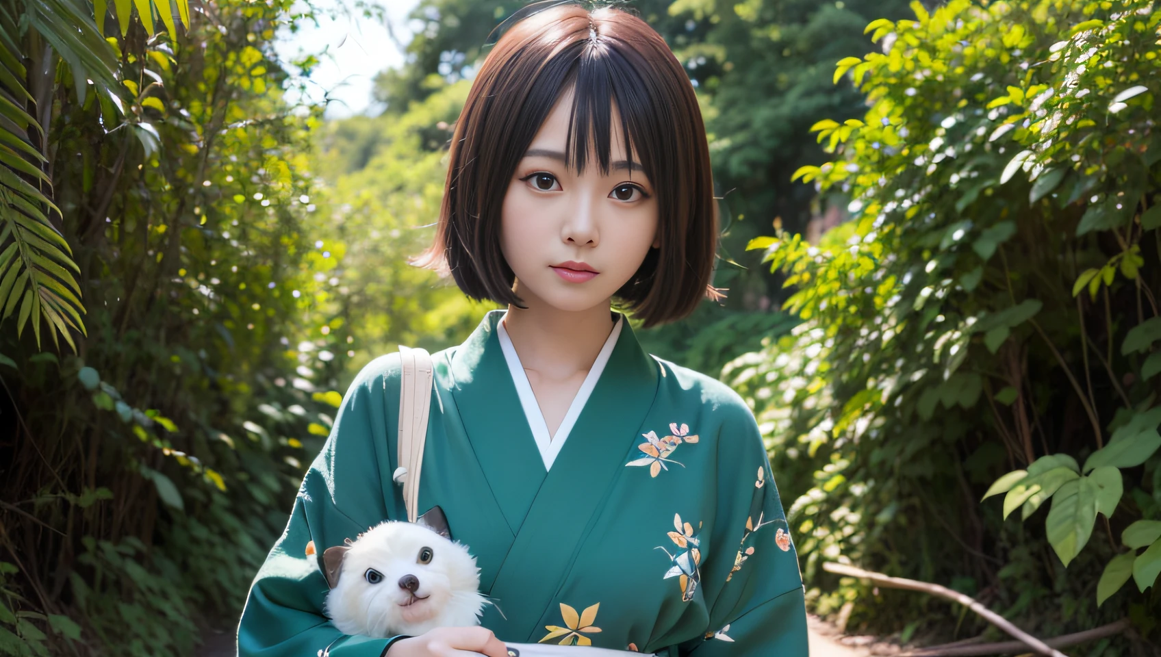 Chica de anime con un kimono verde de pie en un bosque, otro iwakura, close up otro iwakura, close up of otro iwakura, visual anime de una mujer joven, imagen de anime shuushuu, anime visual de una linda chica, anime película fija anime shikishi, retrato anime de shiina ringo, en la película de anime,Restauración facial,alta definición,Fotografía hiperrealista 4K Full HD, con detalles hiperrealistas,8K,mejor calidad,obra maestra,ultra detallado,arte oficial,full body 8K extremely carved