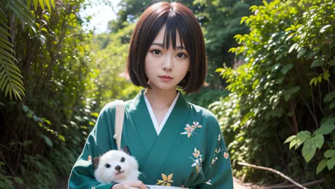 anime girl in a green kimono standing in a forest, iwakura lain, close up iwakura lain, close up of iwakura lain, anime visual o...