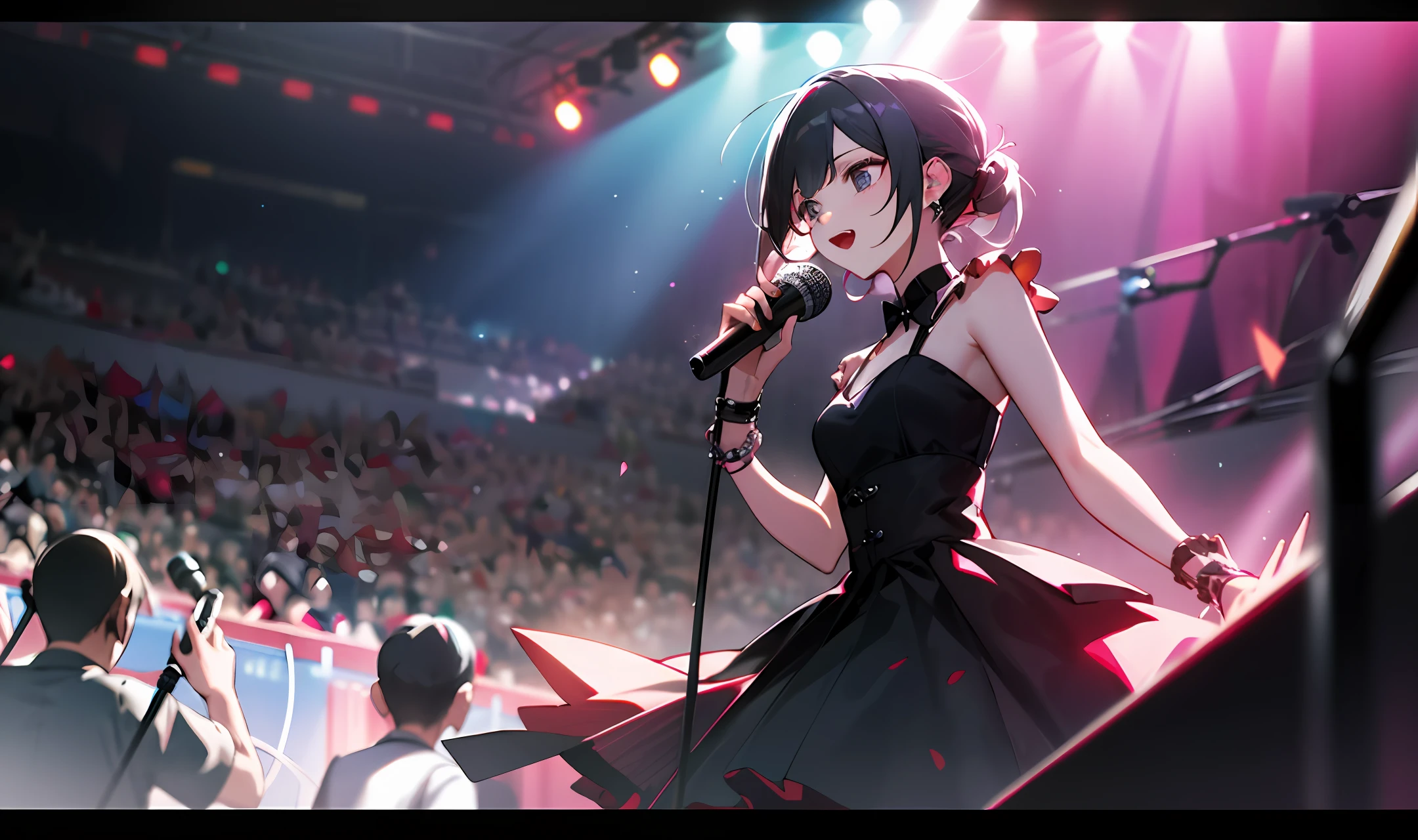 Anime girl in a black dress singing into a microphone in a concert ...