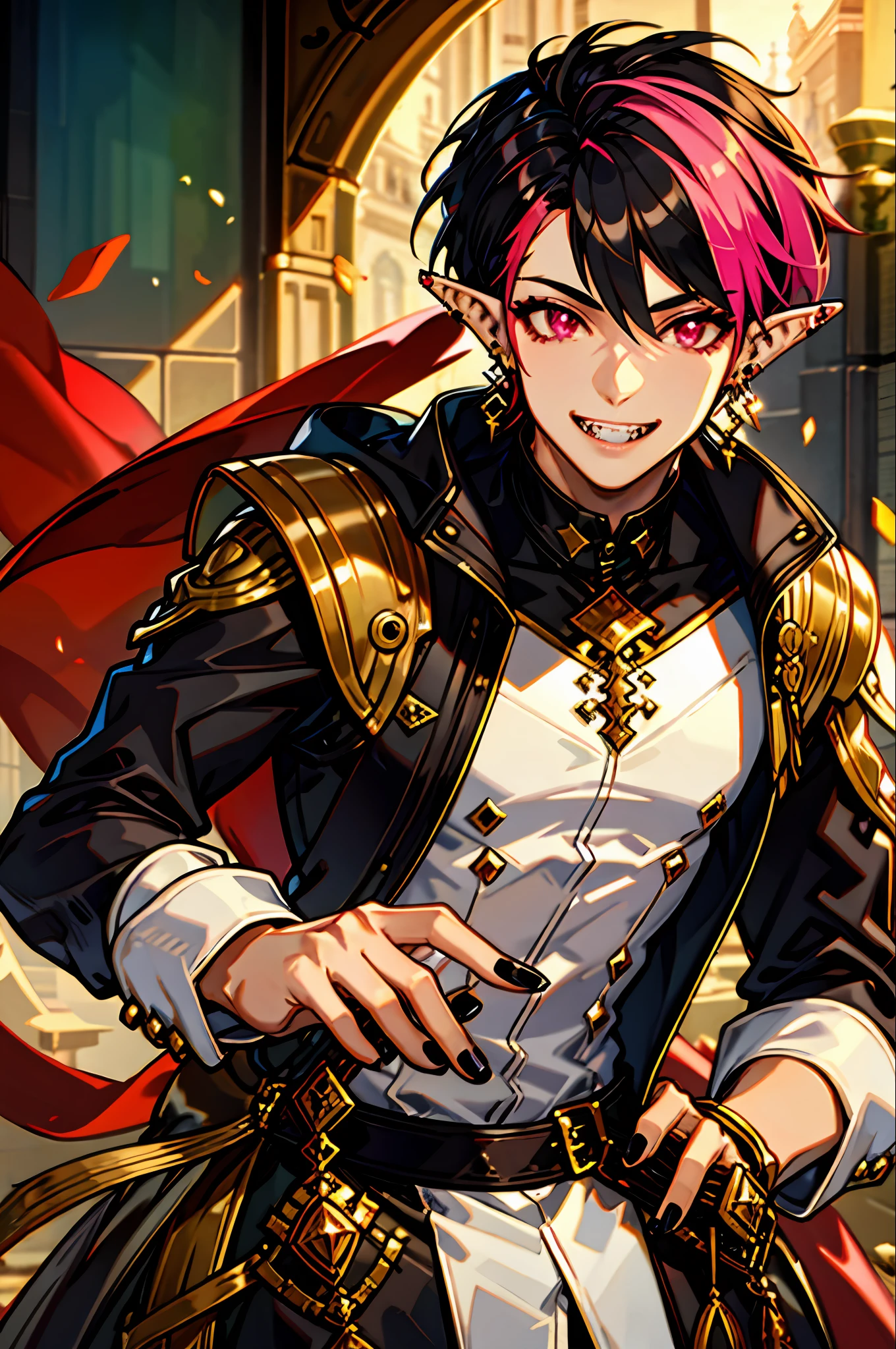 Hot boy,  (Masterpiece, Best quality, Ultra-detailed, A high resolution, Best Illustration),Solo, multicolored hair, Earrings, jewelry, Male focus, Realistic, 1boy, Black hair, Piercing, Pink hair, a lip piercing, Smile, Black nails, Pointy ears, teeth, view the viewer, Sharp teeth