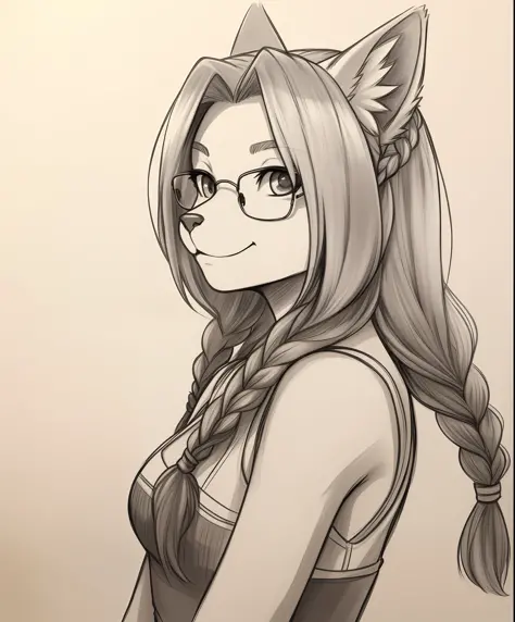 (furry female:1.2), (furry:1.2), (body fur:1.16), anthro, tail, 1girl, braid, commentary_request, glasses, gofu, greyscale, hyak...