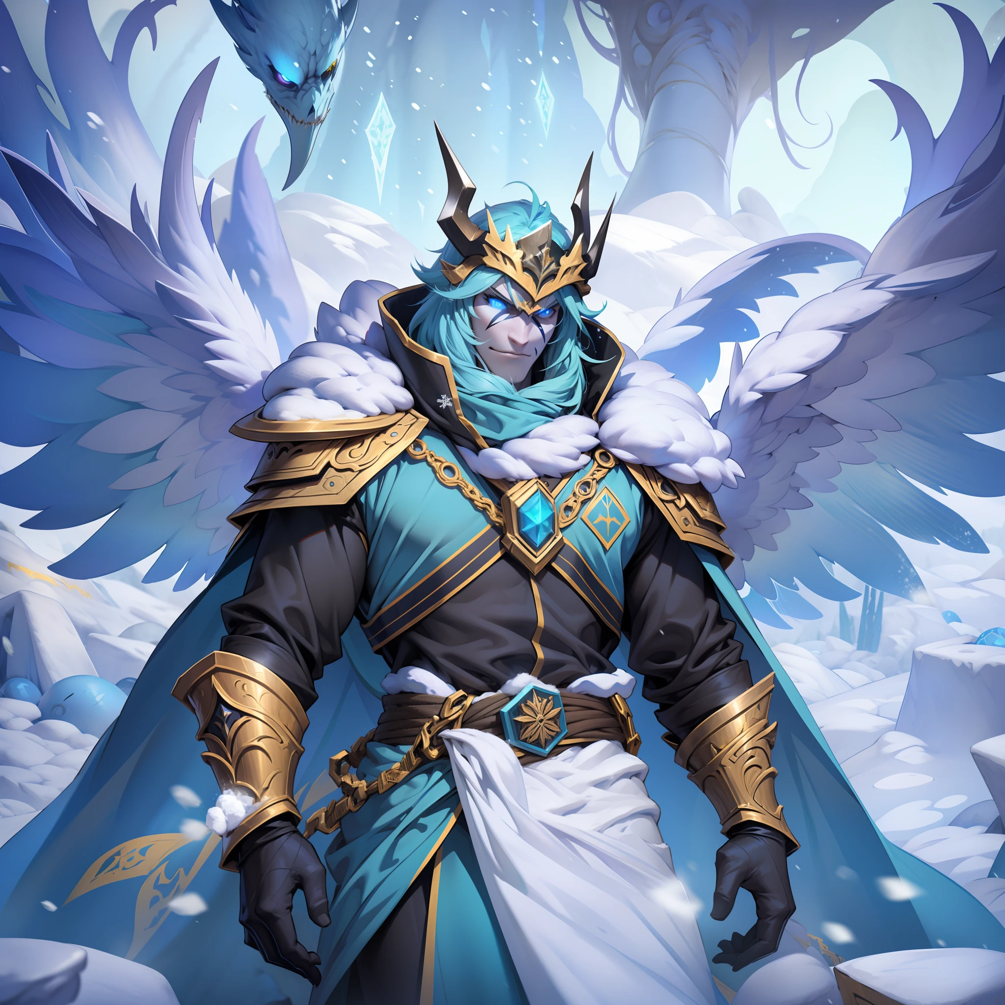 Ice World、One guy：The Lich King walks in the snow，massive wings，Fierce gaze，Snowflakes fell on him，Blade accessories，Black silk cape，Armor，snow mountains，Cinematic lighting，illusory engine，tmasterpiece。超高分辨率，3Drenderingof，8K，