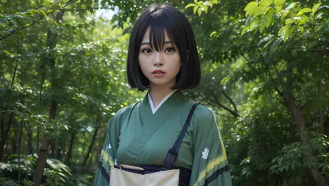 anime girl in a green kimono standing in a forest, iwakura lain, close up iwakura lain, close up of iwakura lain, anime visual o...