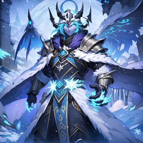 ice world、one guy：the lich king walks in the snow，massive wings，glowing light eyes，snowflakes fell on him，blade accessories，blac...