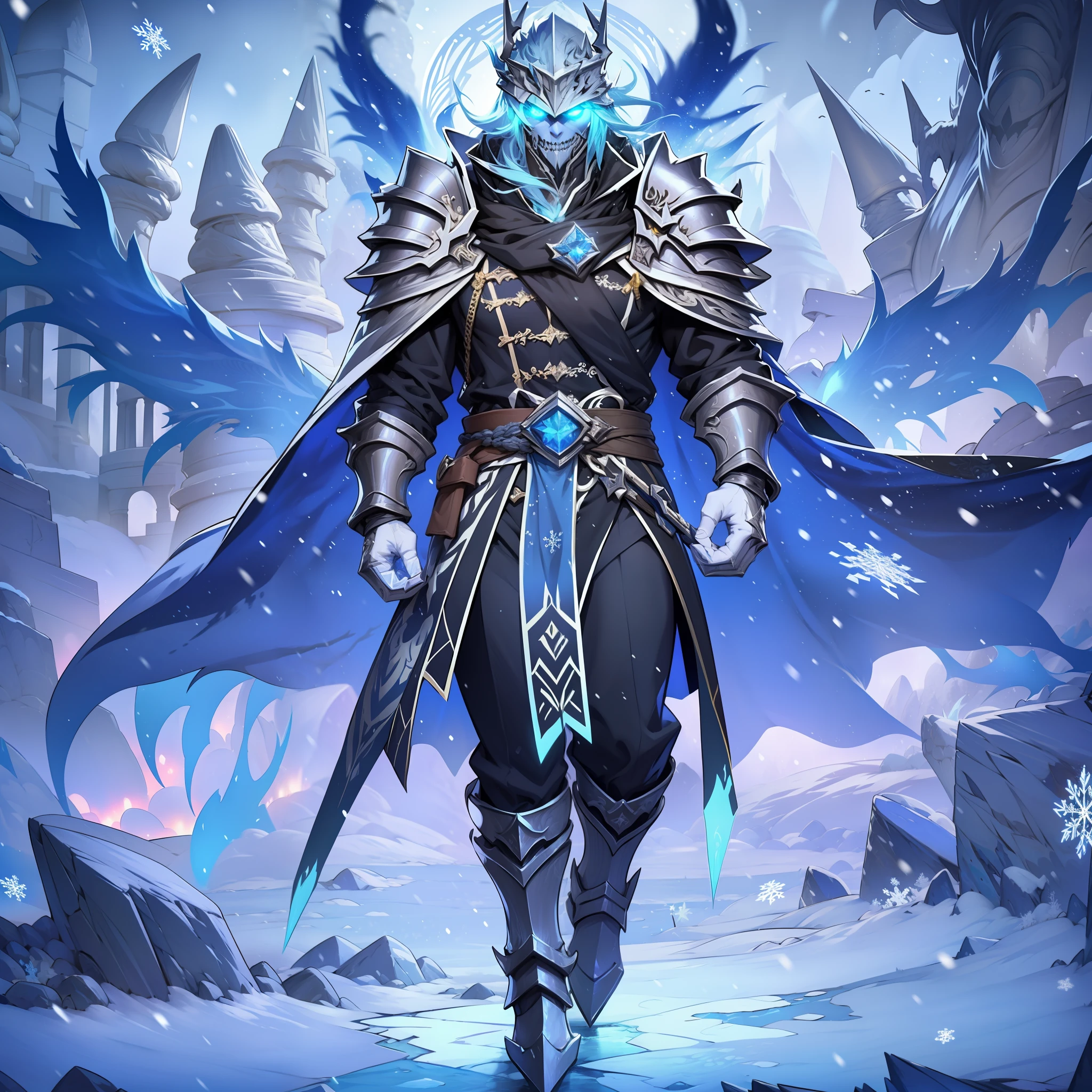 Ice World、One guy：The Lich King walks in the snow，massive wings，glowing light eyes，Snowflakes fell on him，Blade accessories，Black silk cape，Armor，snow mountains，Cinematic lighting，illusory engine，tmasterpiece。超高分辨率，3Drenderingof，8K，