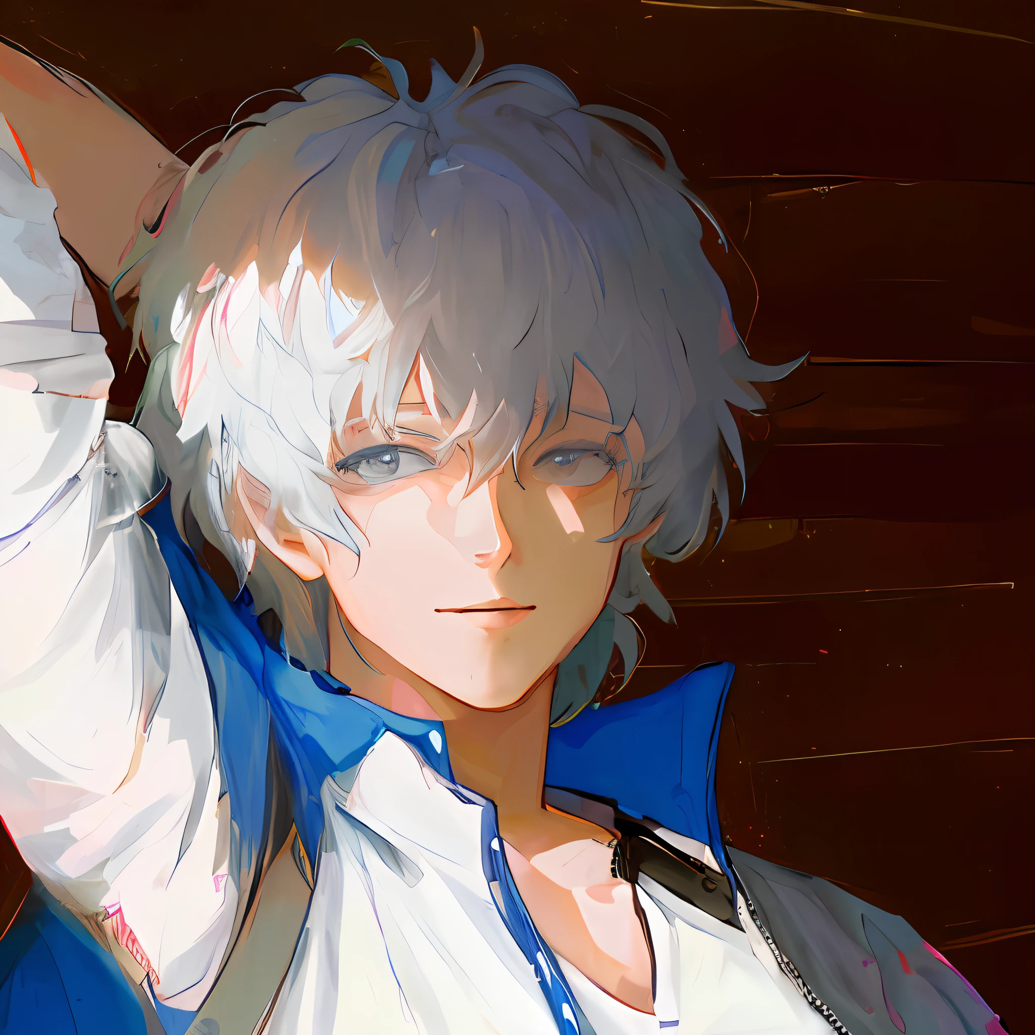 obra de arte, melhor qualidade, detalhado, 1 menino,  foco masculino, Sakata Gintoki, sorriso leve, Retrato, close Retrato, braço atrás da cabeça, dentro de casa