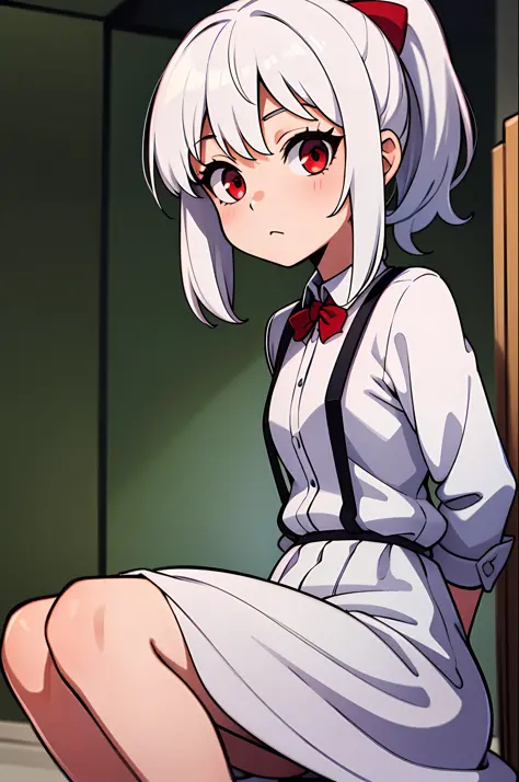 loli,white hair,red eyes, high ponytail, girl, solo, suspenders dress