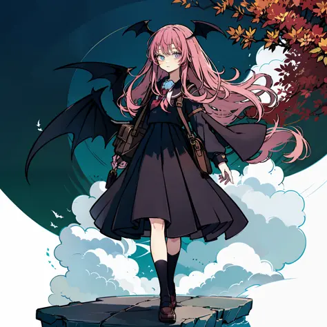 portrayal of a long-haired young woman holding a briefcase, one girl, solo, small devil, school uniform, just flat, skirt, shoes...