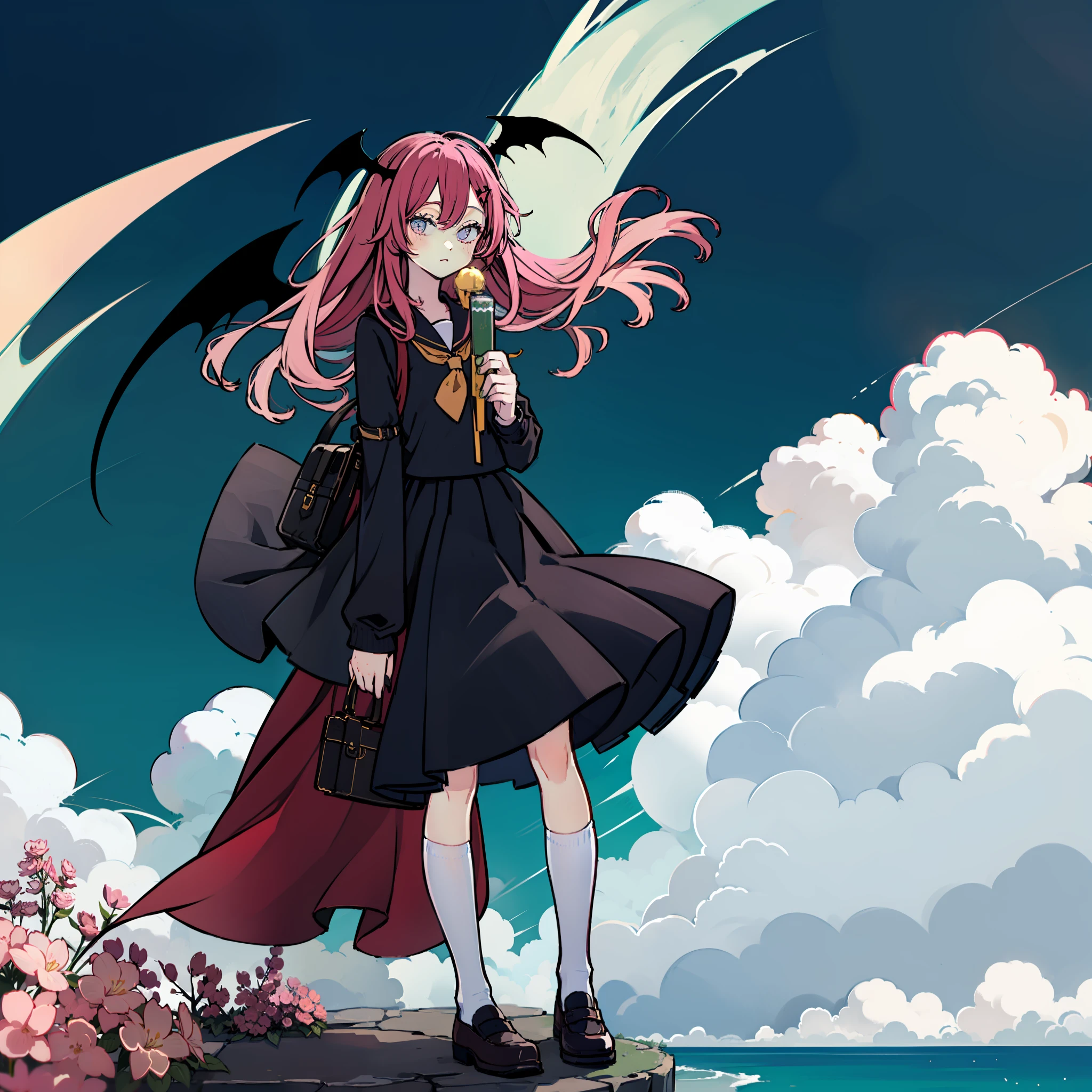 Portrayal of a long-haired young woman holding a briefcase, One girl, Solo, Small Devil, School uniform, Just flat, Skirt, shoes, White uniform, White sailor suit, Blue skirt and socks, mary janes, School Background, alternate costume, Long sleeves, Pink hair, Full body, Looking at Viewer, Long hair, Medium chest、Black bat wings on head