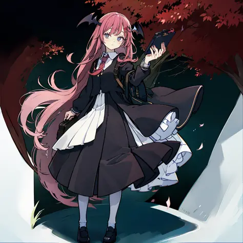 Portrayal of a long-haired young woman holding a briefcase, One girl, Solo, Small Devil, School uniform, Just flat, Skirt, shoes...