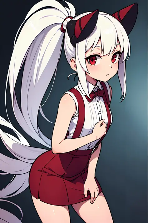 loli,white hair,red eyes, high ponytail, girl, solo, suspenders dress,long hair