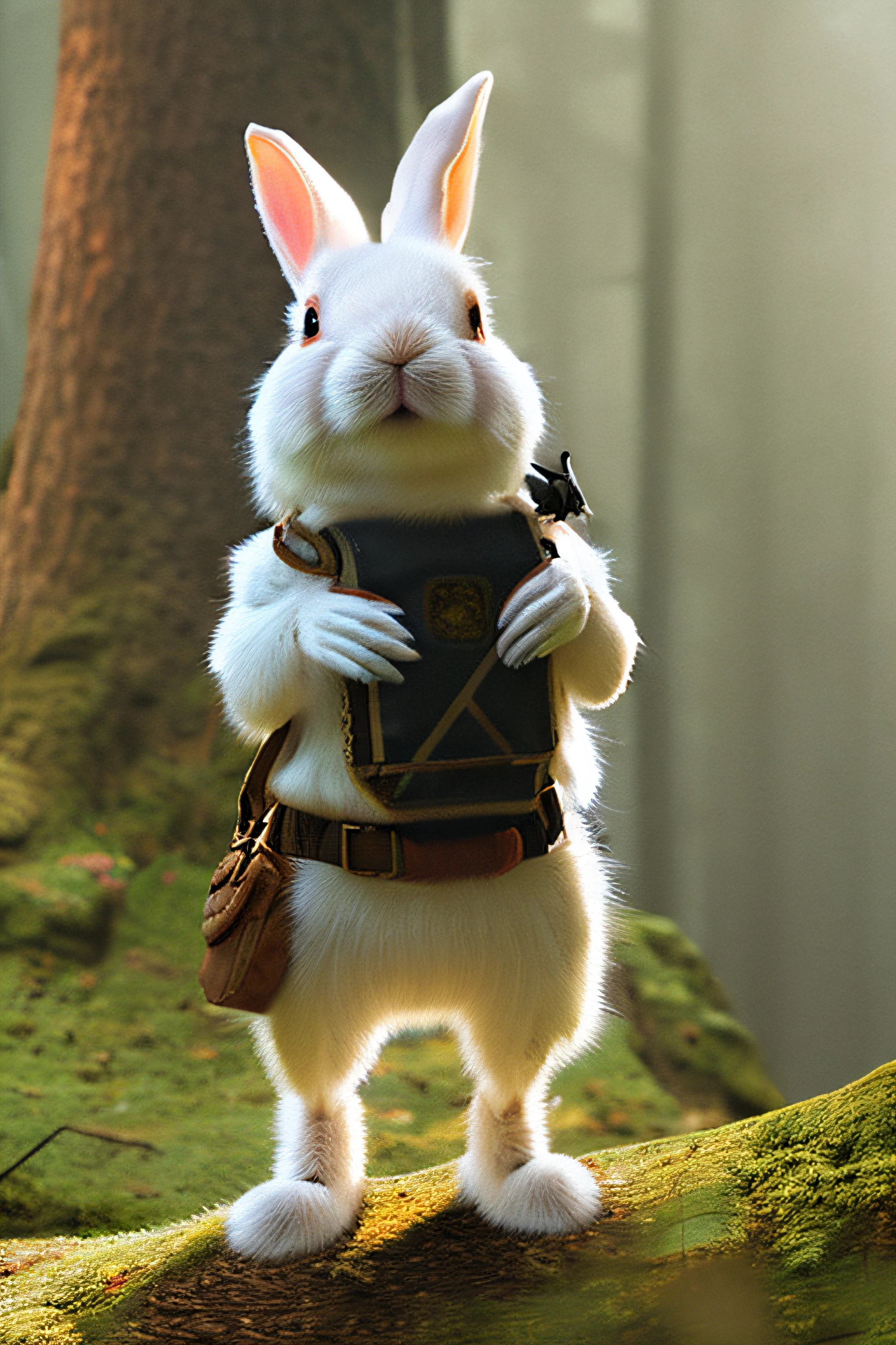 Classic negative portrait photo, fantasy video game character concept art, a cute white fluffy rabbit with a small brown leather backpack looking at a map hiking through the forest, dungeons and dragons, fantasy, river, haze, halo, Bloom, dramatic atmosphere, dark fantasy film of the 1970s, centered, rule of thirds