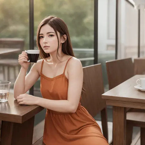 Brown hair happy girl, long dress, coffee shop, photo realistic