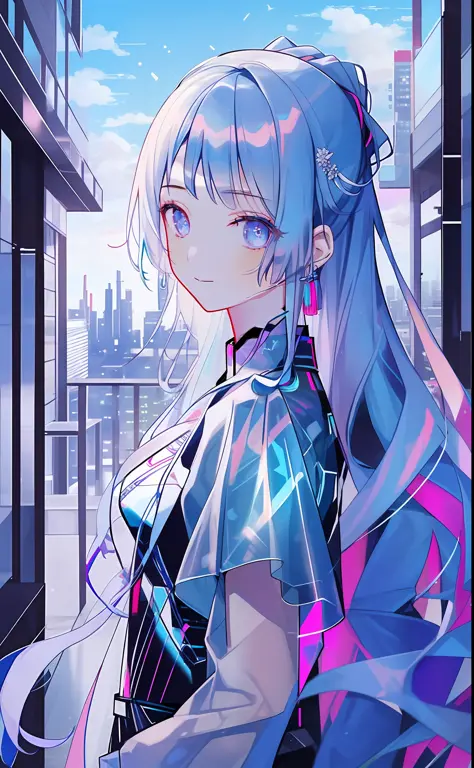 best quality, masterpiece, 超高分辨率, 1girll, blue hair, cyberpunk, holograph, transparent, city, toplight, view the viewer, very lo...