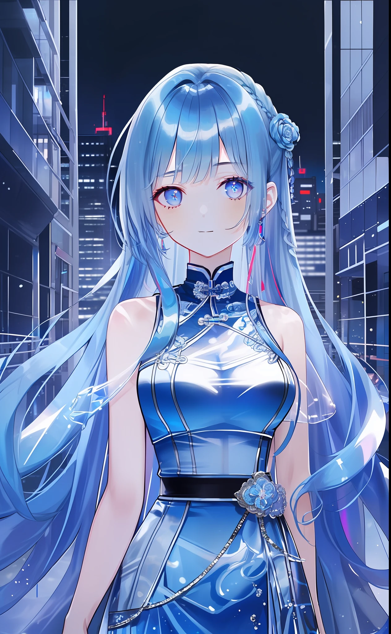 Best quality, Masterpiece, 超高分辨率, 1girll, Blue hair, Cyberpunk, holograph, Transparent, City, toplight, view the viewer, Very long hair, Portrait,