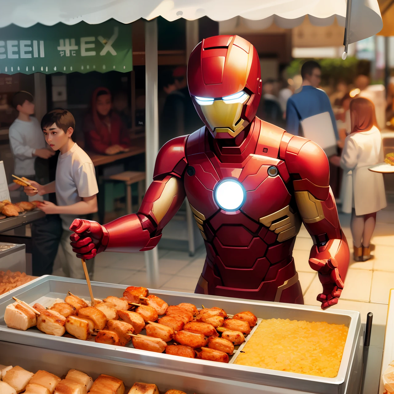 Iron Man vend des brochettes de poulet sur un stand de rue