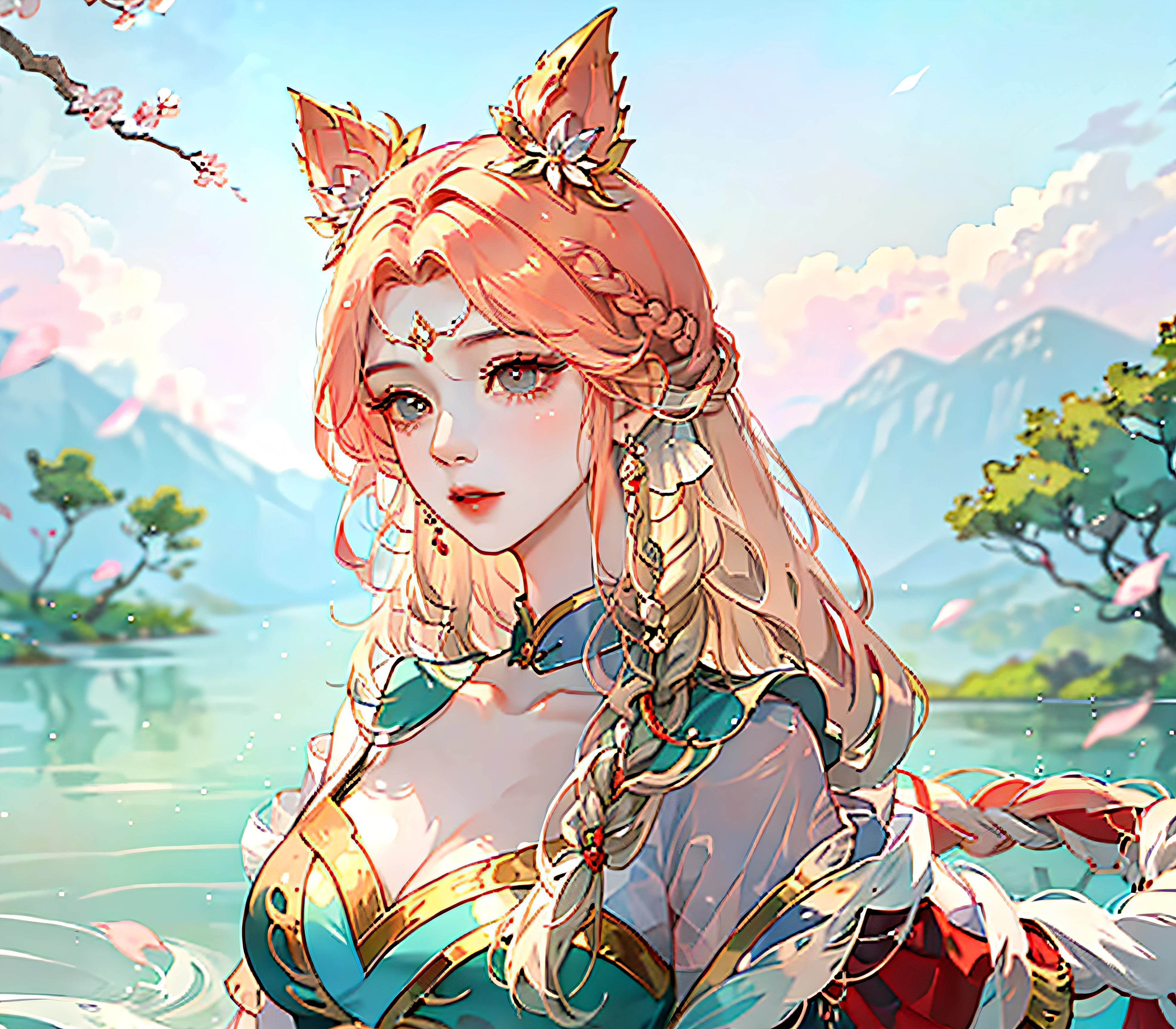 Still water flows deeply，Cangsheng Step Song Gradient Flowing Hair Girl Lake Blue and Red Gradient Hair Thick Double Twist Braid God Girl Clear Face Depiction Pure White Simple Dress Extremely Smooth Long Hair Long Hair Plant Anthropomorphism God Girl Peach Blossom Embellishment Spectacular Background Overgrowth