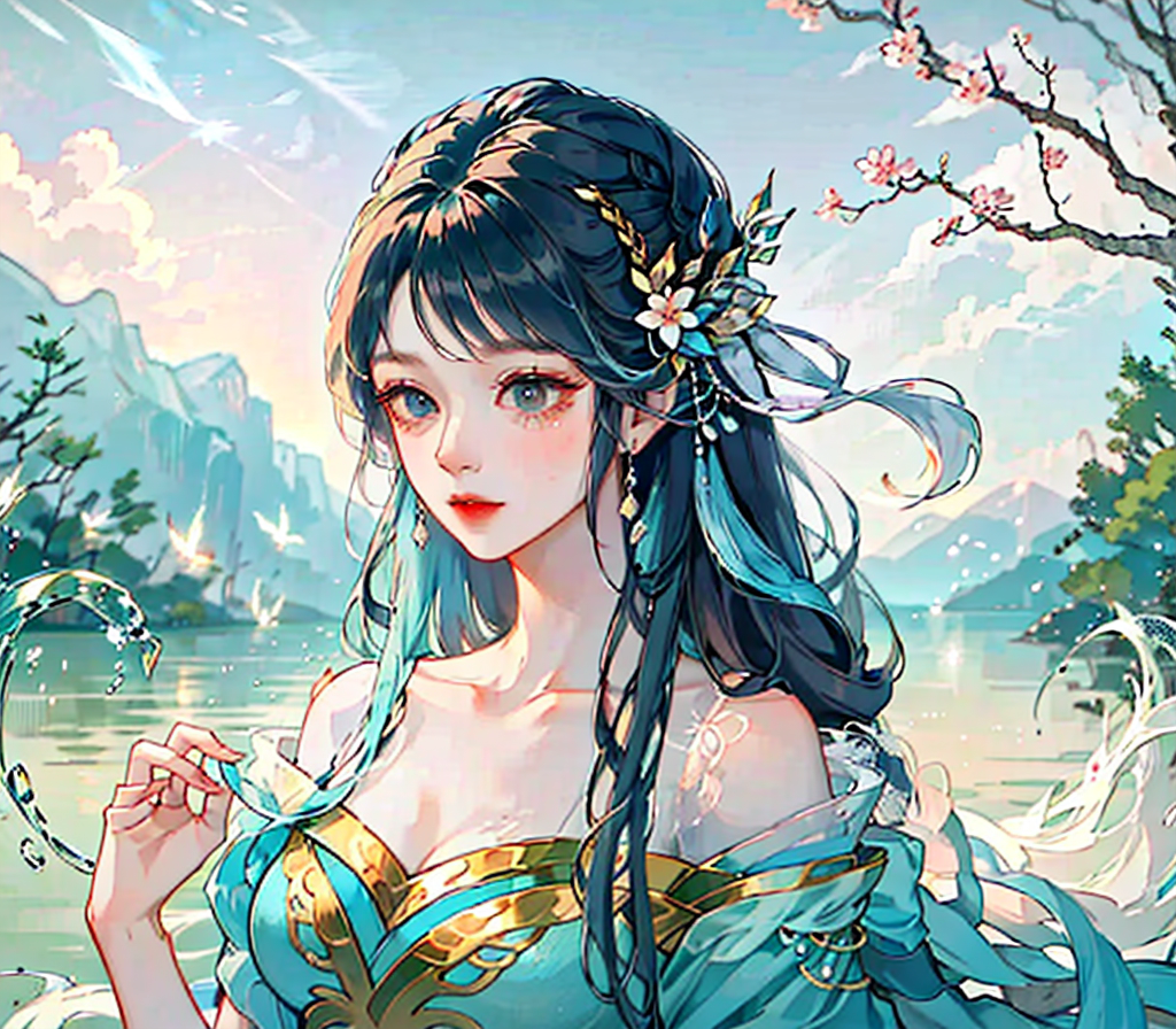 Still water flows deeply，Cangsheng Step Song Gradient Flowing Hair Girl Lake Blue and Red Gradient Hair Thick Double Twist Braid God Girl Clear Face Depiction Pure White Simple Dress Extremely Smooth Long Hair Long Hair Plant Anthropomorphism God Girl Peach Blossom Embellishment Spectacular Background Overgrowth