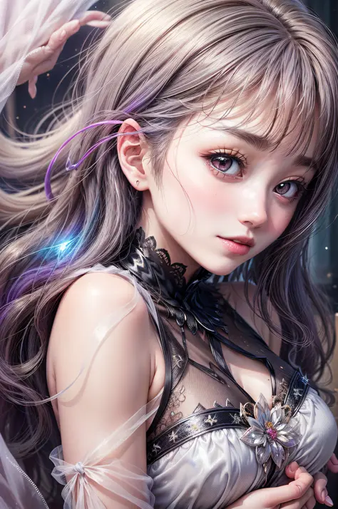 Beautiful girl story wrapped in love, Beautiful eye details, A captivating anime girl gracefully emerges from the pages of a watercolor painting, Her vivid and complex colors are, Bring your artwork to life, (see-through transparent clothes, transparent co...