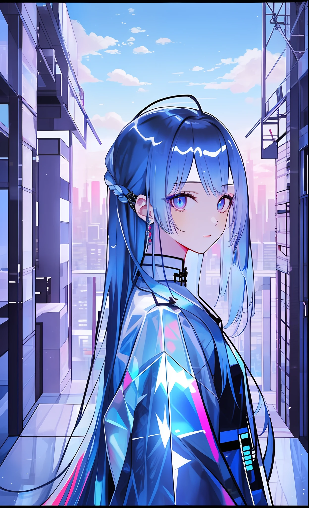 Best quality, Masterpiece, 超高分辨率, 1girll, Blue hair, Cyberpunk, holograph, Transparent, City, toplight, view the viewer, Very long hair, Portrait,