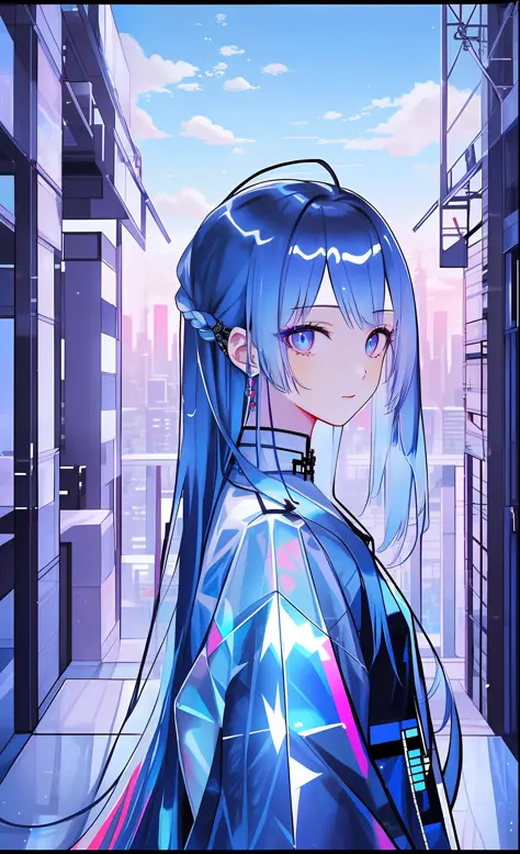 best quality, masterpiece, 超高分辨率, 1girll, blue hair, cyberpunk, holograph, transparent, city, toplight, view the viewer, very lo...