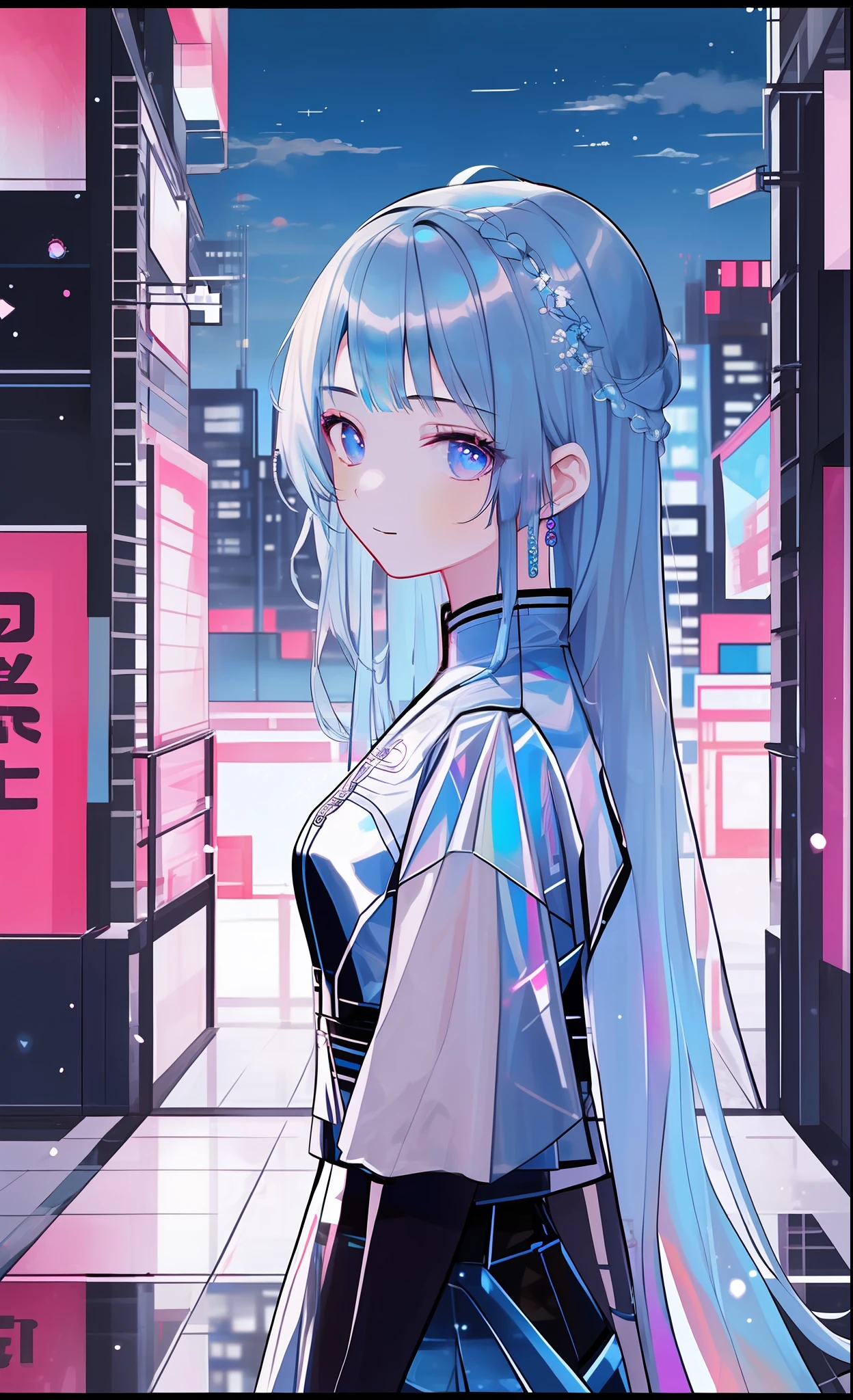 Best quality, Masterpiece, 超高分辨率, 1girll, Blue hair, Cyberpunk, holograph, Transparent, City, toplight, view the viewer, Very long hair, Portrait,