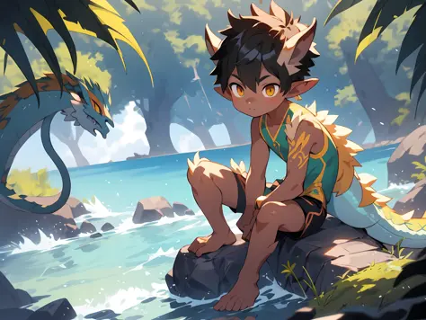Stylistic image of a little boy sitting on a rock by the sea, concept art by Shitao, Pisif, Furry art，trending on artstation pix...
