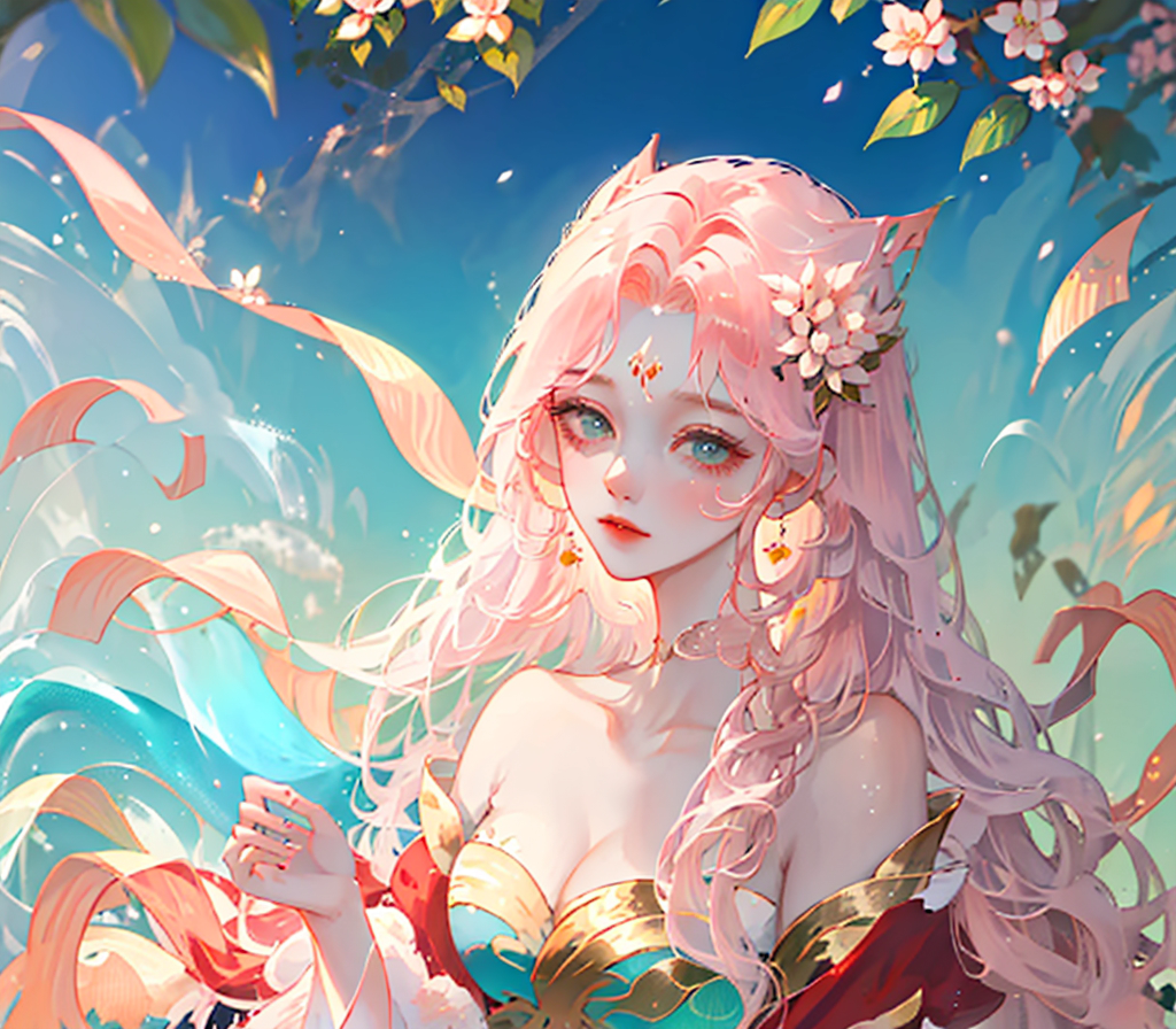 A água parada flui profundamente，Cangsheng Step Song Pink green gradient flowing hair girl Red and green gradient hair God girl Clear face depiction Pure white simple dress Cabelos longos extremamente lisos Long hair Plant anthropomorphism Peach blossom source god girl Peach blossom embellishment Spectacular background crescimento excessivo，A água parada flui profundamente，A song of vicissitudes， menina com cabelos longos e esvoaçantes ，Donzela deusa ，Cabelo gradiente vermelho azul lago，Vestido simples branco liso， Cabelos longos extremamente lisos， Antropomorfização de plantas peludas ，cenários espetaculares，um pátio abandonado， crescimento excessivo