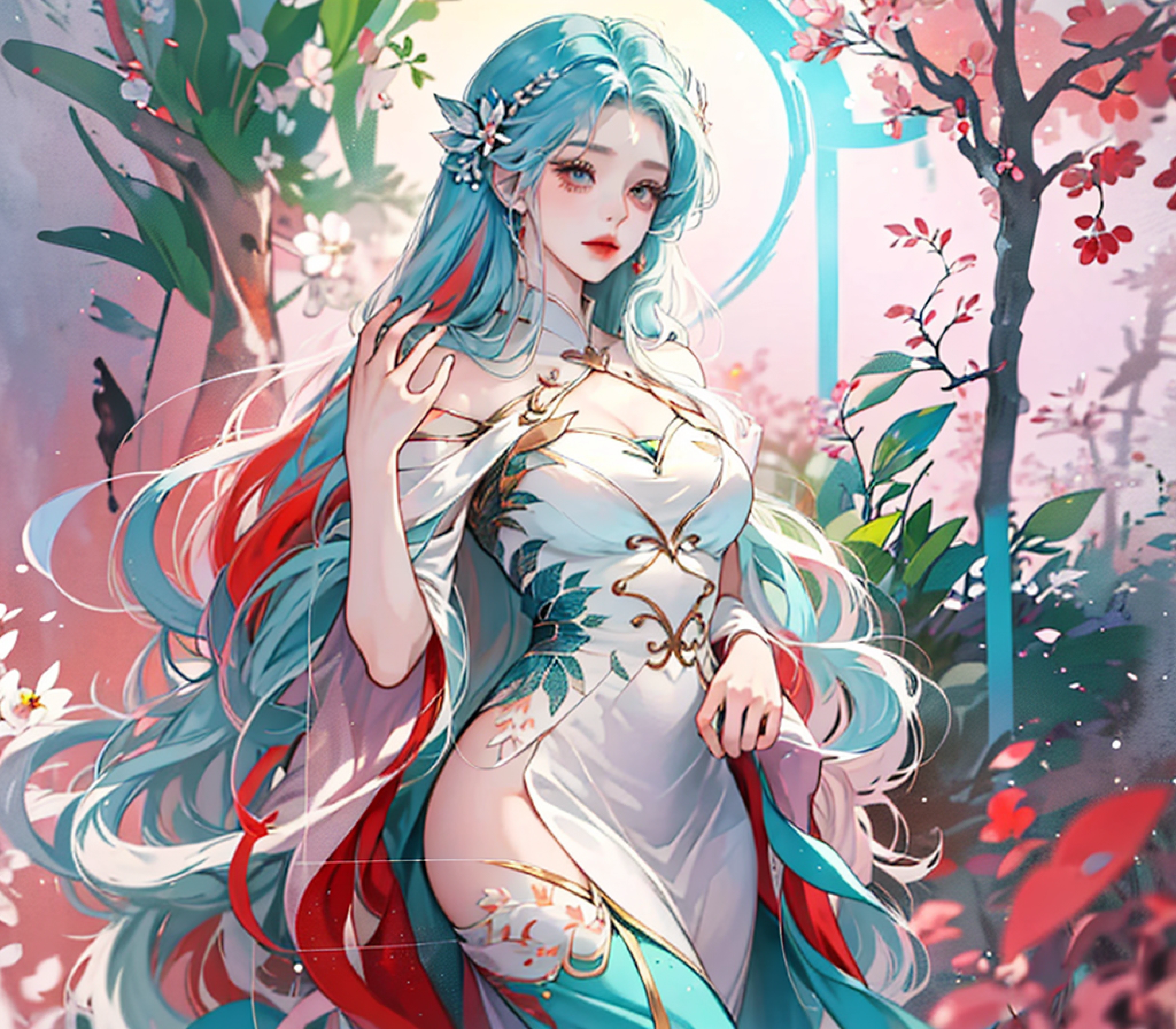 Girl with long flowing hair ，Goddess Maiden ，Lake blue red gradient hair，Gorgeous and colorful hair，Plain white simple dress， Extremely smooth long hair， Anthropomorphization of furry plants ，spectacular backdrops，an abandonded courtyard， Overgrowth