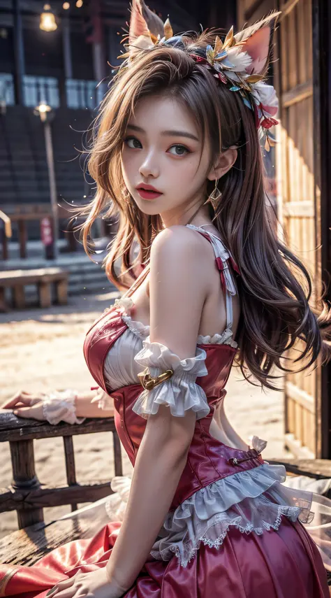 （8K， RAW photos， best qualtiy， tmasterpiece：1.2），（realisticlying， photograph realistic：1.4），Red dress， Chinese outfit，Lace， Aeri...