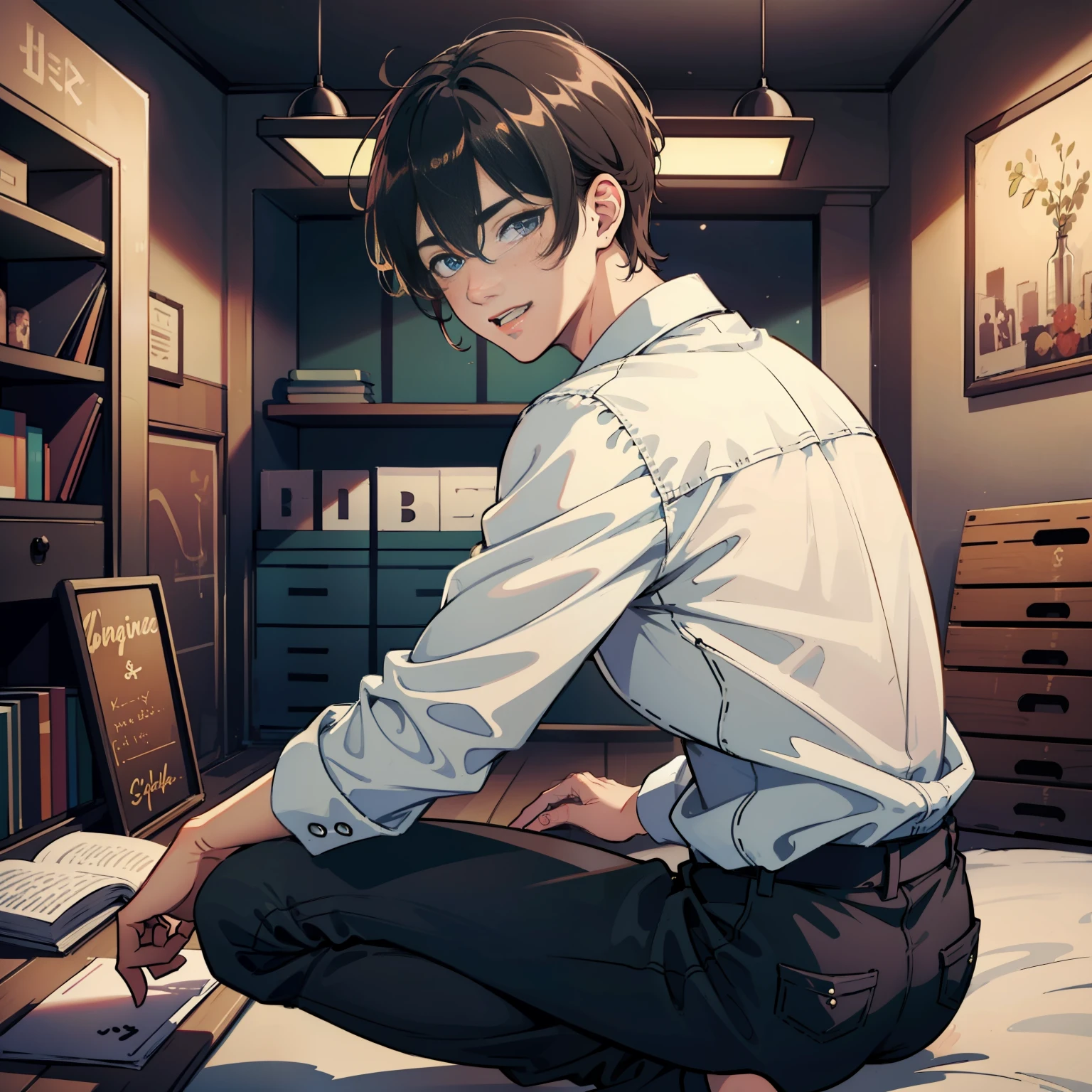 ((Best quality, Masterpiece, Ultra-detailed CG unity 8k wallpaper)),A cute boy who looks good, A youthful breath, blue color eyes, Pear Swirl smiled, Eyebrow teasing, Every step is filled with aura,Immortal back, White shirt, Suit pants, ‎Classroom/libraryai, The lens is tilted, Unique squatting position,Moe round buttocks, Shy, Do you dare to look, Look back in disgust, The boy couldn't hide his shyness, M bangs, Beautiful natural style, The colors are soft and bright，black color hair，Expression of disgust