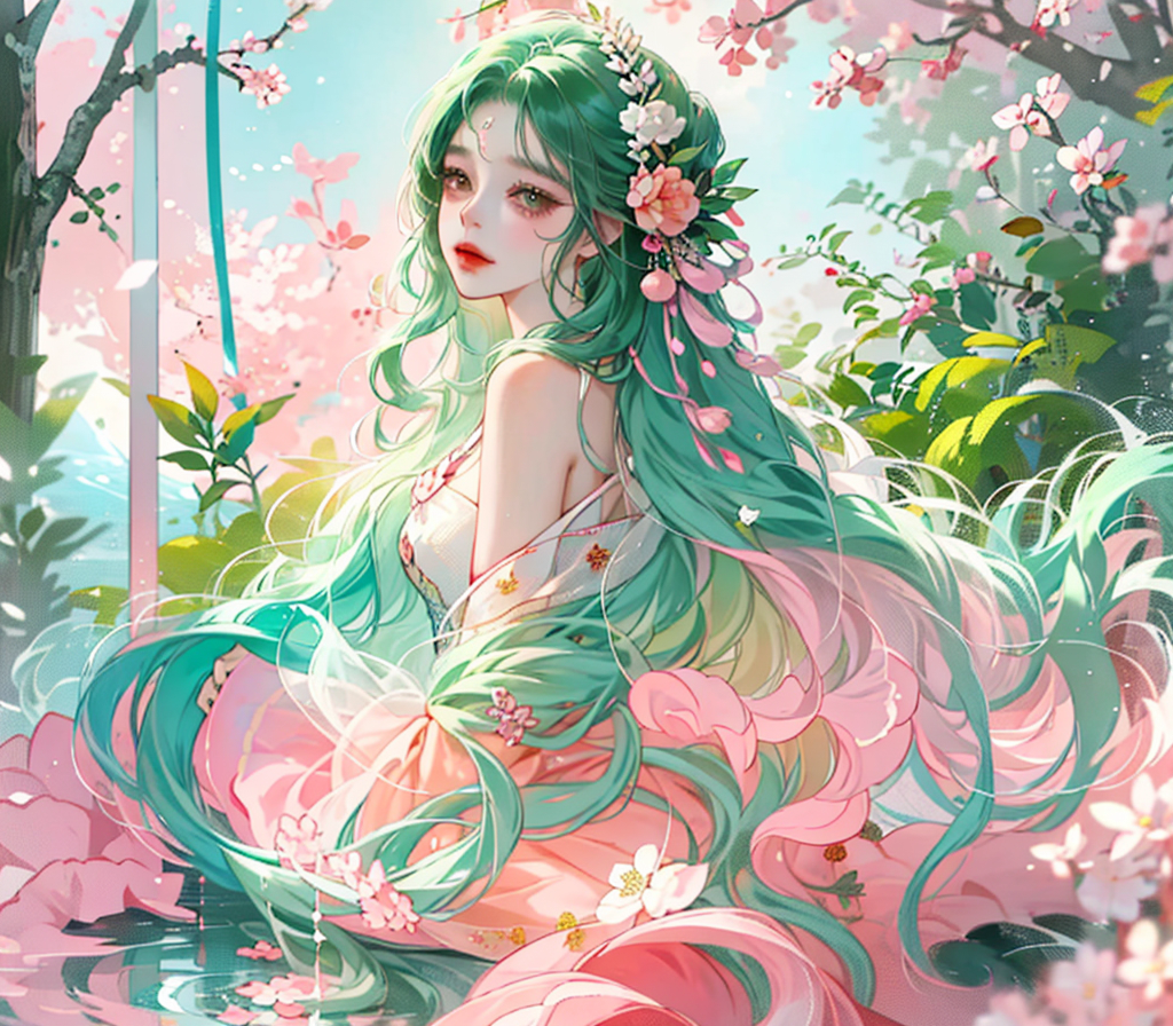 A água parada flui profundamente，Cangsheng Step Song Pink and green gradient flowing hair girl Red green gradient hair god girl Clear face description Pure white simple dress Cabelos longos extremamente lisos Long hair Plant anthropomorphism Peach blossom source god girl Peach blossom embellishment Spectacular background crescimento excessivo，A água parada flui profundamente，A song of vicissitudes， menina com cabelos longos e esvoaçantes ，Donzela deusa ，Cabelo gradiente vermelho azul lago，Vestido simples branco liso， Cabelos longos extremamente lisos， Antropomorfização de plantas peludas ，cenários espetaculares，um pátio abandonado， crescimento excessivo