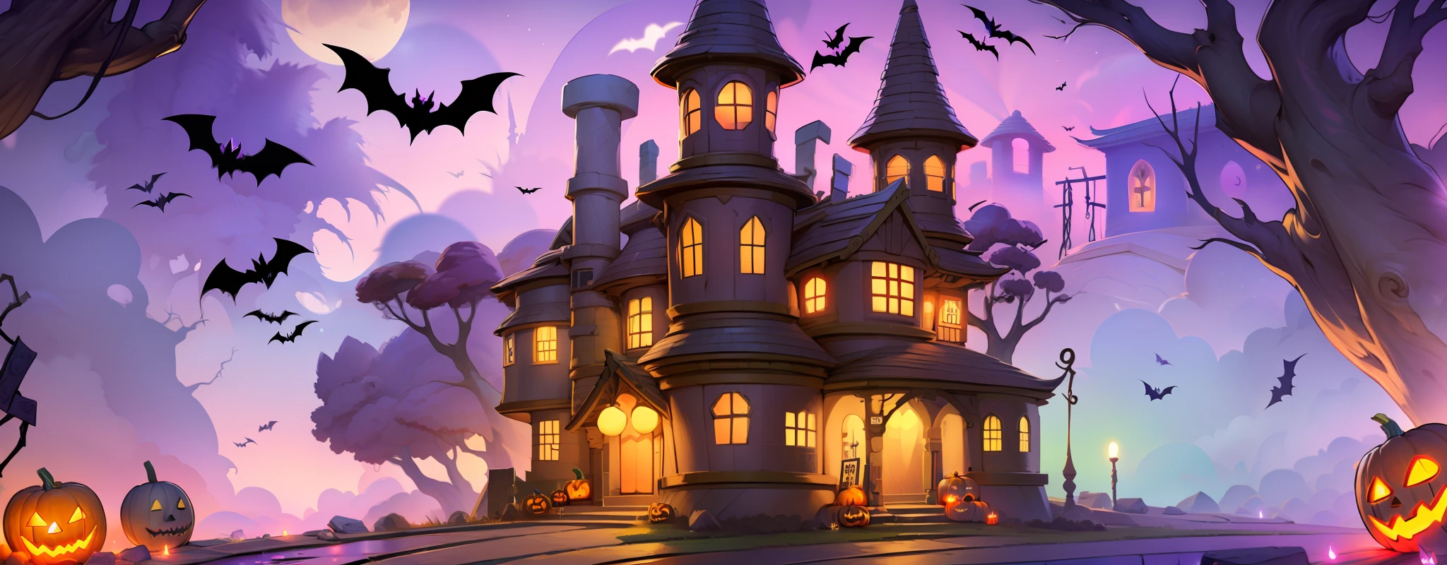 Game Building、The witch's house，halloween，the bats，Jack-o'-lantern，cartoonish style，wide angles，in a panoramic view，angle of depression，Game banner，tmasterpiece，best qualtiy，超高分辨率，3Drenderingof，8K，