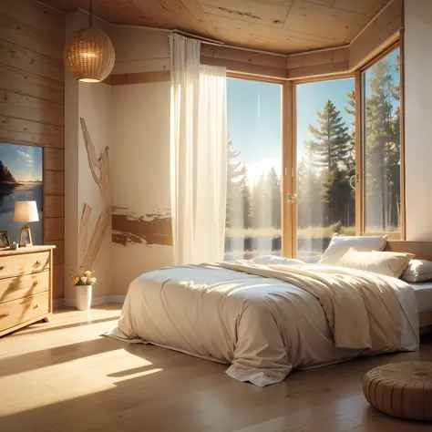 there is an air purifier in the bedroom，modern cuisine style，forest outside the window