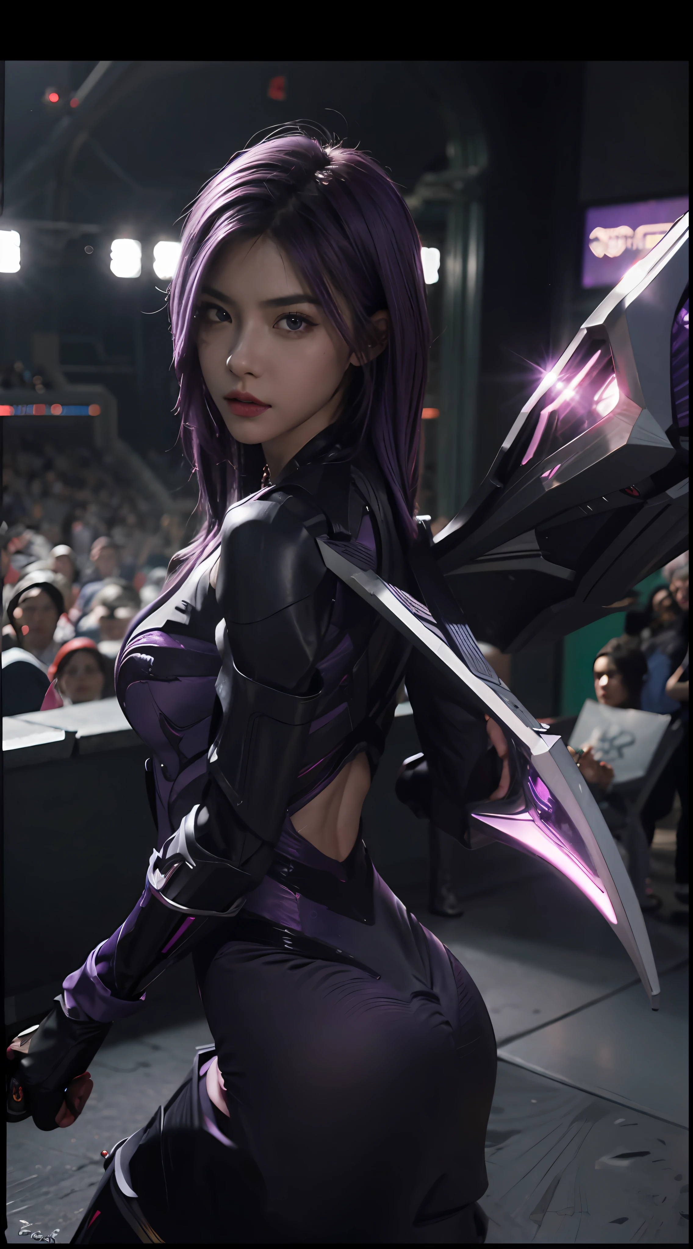 1girl, kai'sa, league of legends, kasa, purple wings, deep purple hair, purple eyes, serious expression, intense glare, looking at the audience, from behind, (dynamic pose), (void wings), weapons, masterpiece, extremely detailed CG Unity 8k wallpaper, best quality, 32k, focus clear, cybercity, neon sign, aperture, void field