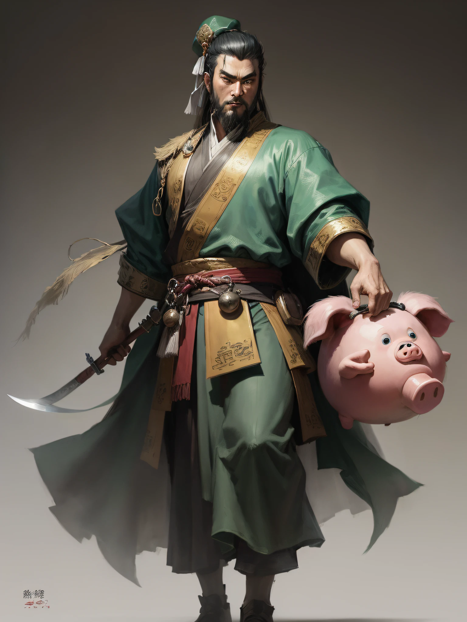 A drawing of the bearded Guan Yu holding a knife and the head of a pig man, Green clothes，Green hat，concept art of a monk, Inspired by Hu Zaobin, inspired by Dong Yuan, inspired by Zhao Mengfu, character posing for concept art, Akira in Chinese mythology, inspired by Wu Bin, inspired by Li Gonglin, inspired by Kanō Hōgai