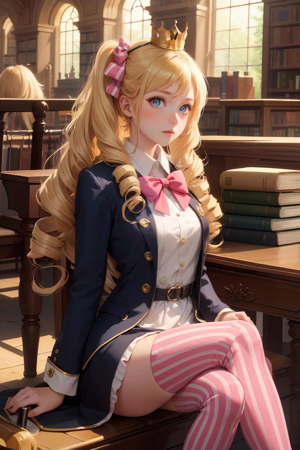 masterpiece, best quality, ultra-detailed, epic lighting, cinematic composition, 1girl, betty, (long blonde hair:1.1), blue eyes, hair ribbon, long sleeves, (striped legwear:1.2), single mini crown, pink bow, ringlets, drill hair, twin drills, symbol-shaped pupils, sitting, looking at viewer, library, (8k:1.1)