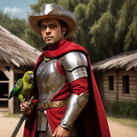 Roman soldier with medieval armor, sword and shield, parrot on shoulder, cowboy hat, red cape, infinity gauntlet, village settin...
