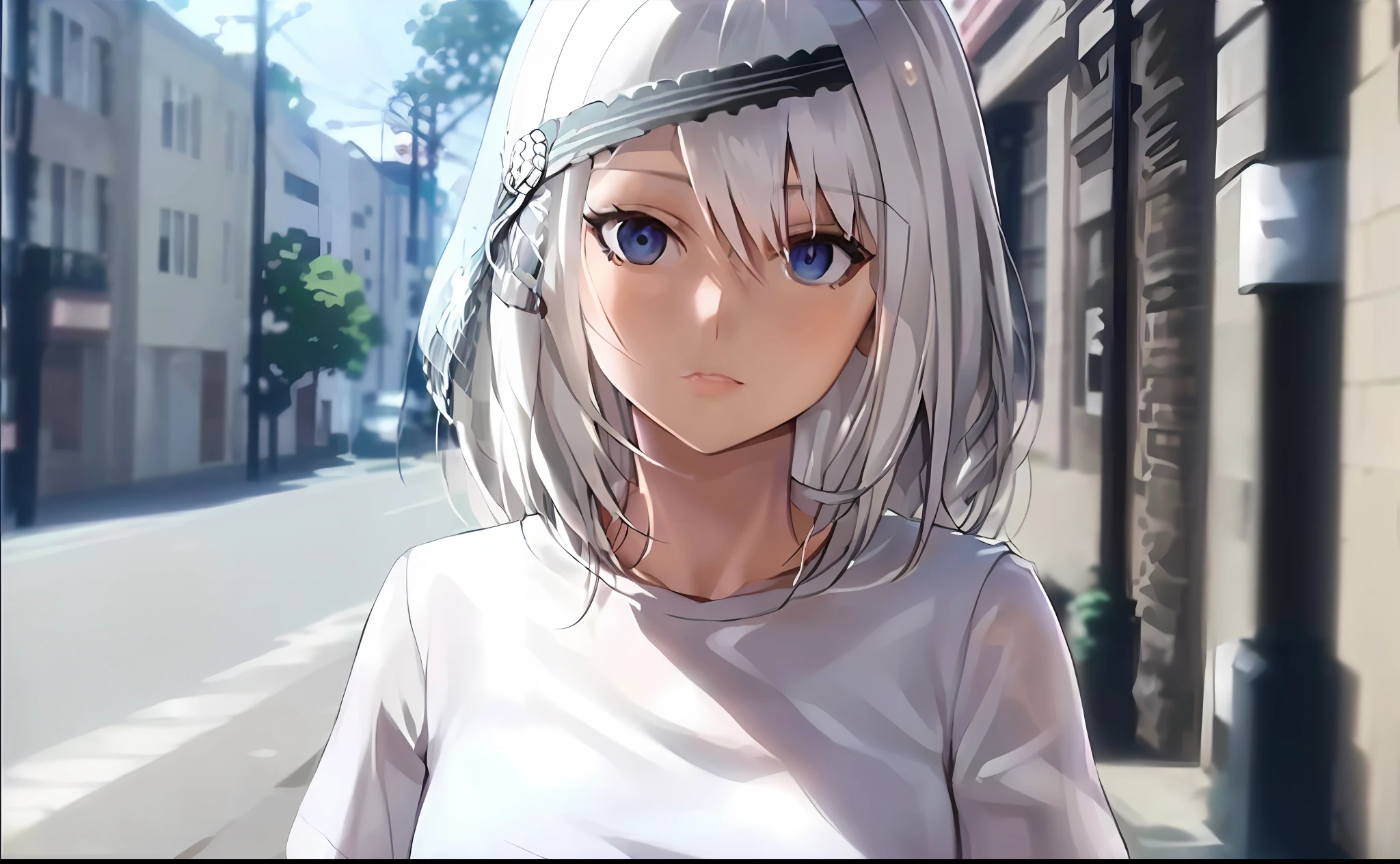 Nahaufnahme einer Frau mit schwarzem Umhang auf einer Stadtstraße，Anime-Mädchen im wirklichen Leben，weiße Hime-Cut-Frisur，ultrarealistischer Anime，Mädchen mit kurzen weißen Haaren，Perfektes Mädchen mit weißen Haaren，ein atemberaubendes Anime-Gesichtsporträt，Realistisch - Anime，fotorealistischer Anime，dezenter Anime-Stil，realistischer Anime-3D-Stil，Anime-Inspiration，grauhaariges Mädchen， wunderschöner Anime-Stil，