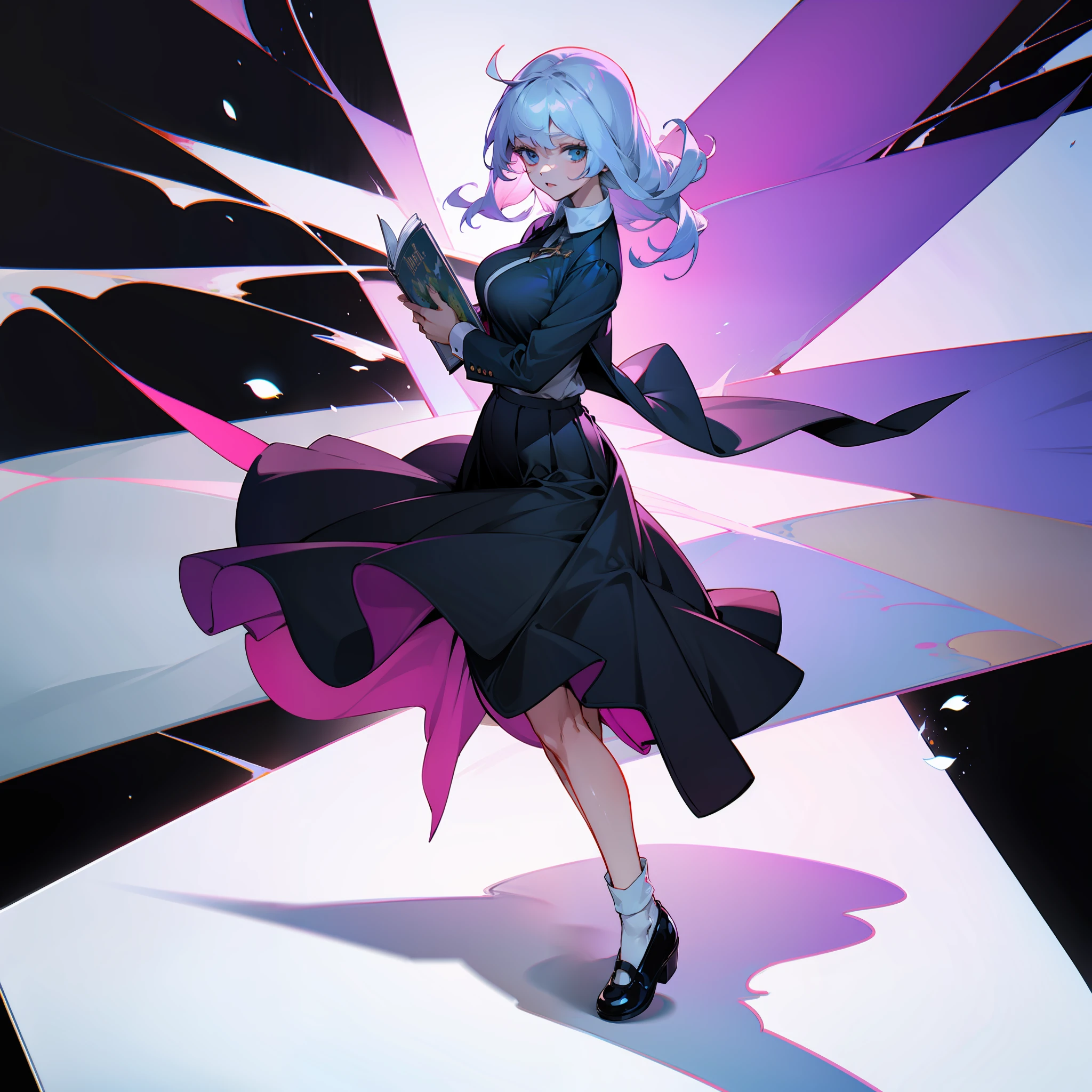 Depiction of an adult woman with long hair holding a textbook, one girl, solo, Letty White Rock, suit, Gohei, black skirt, shoes, black blazer, white polo shirt, black tie, socks, Mary Janes, school Background, Alternate costume, Long sleeves, Rolled sleeves, Mauve hair, Full body, Looking at viewer, Short hair, Big breasts