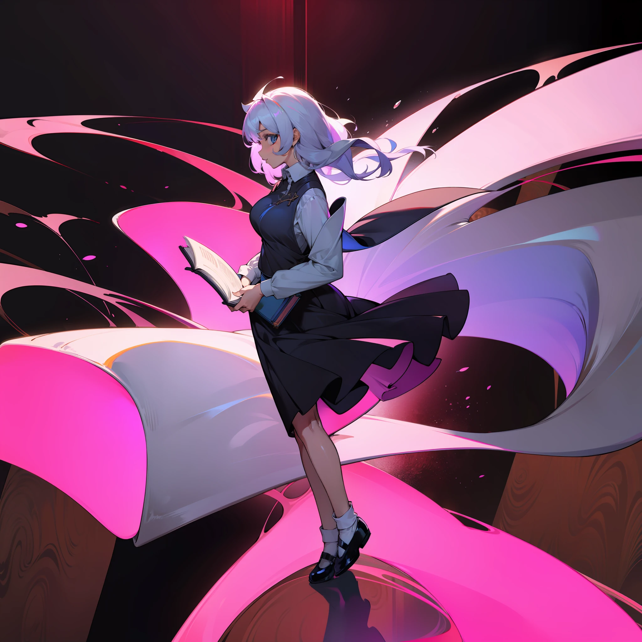 Depiction of an adult woman with long hair holding a textbook, one girl, solo, Letty White Rock, suit, Gohei, black skirt, shoes, black blazer, white polo shirt, black tie, socks, Mary Janes, school Background, Alternate costume, Long sleeves, Rolled sleeves, Mauve hair, Full body, Looking at viewer, Short hair, Big breasts